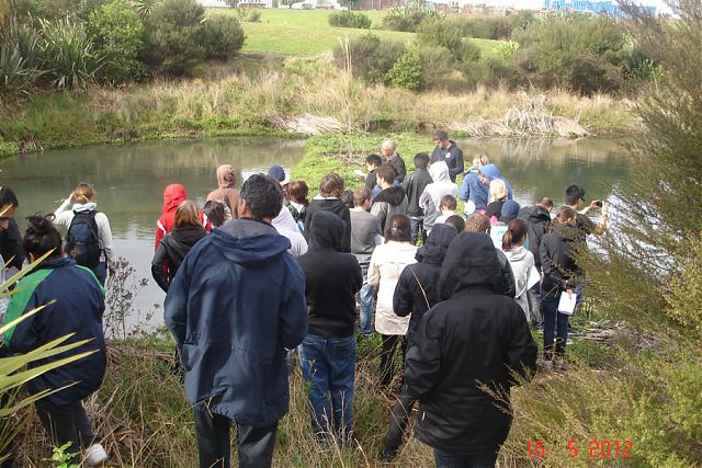 Nigel with students on a field trip looking at stormwater ponds at Mangere